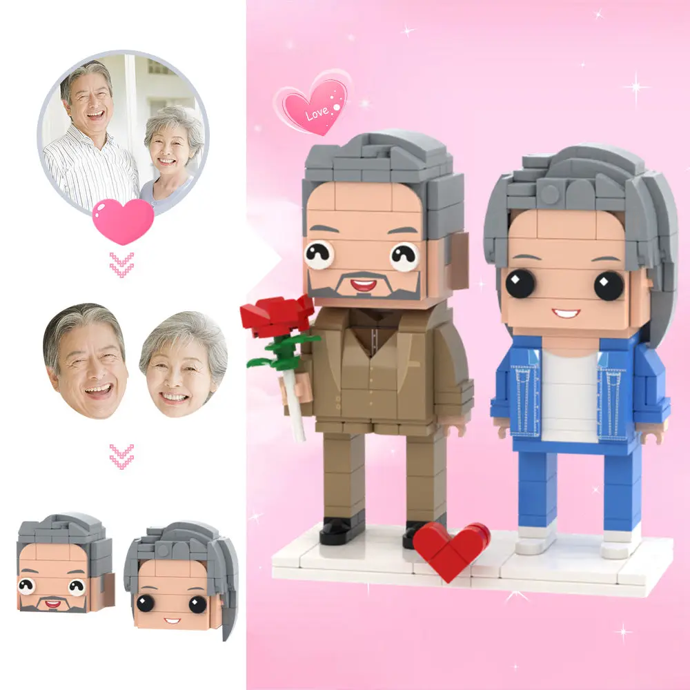 Custom Head Brick Figures Personalized 2 People Brick Figures Couple with Rose Brick Figures