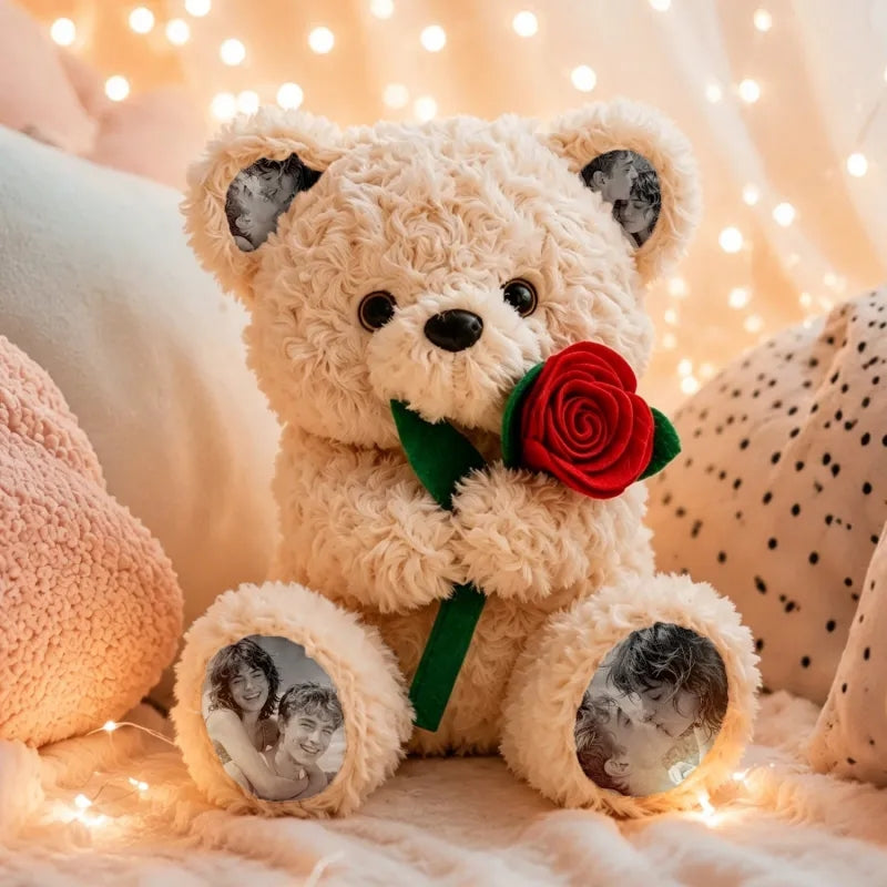 Custom Photo Teddy Bear with Rose Personalized Plush Bear with Pictures on Ears & Feet, Romantic Gift for Anniversary