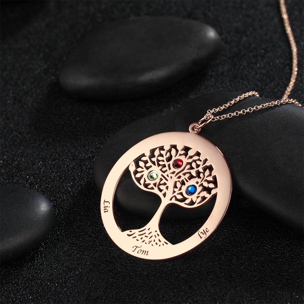 Personalized Family Tree Necklace Engraved Name Birthstone Necklace S925 Silver