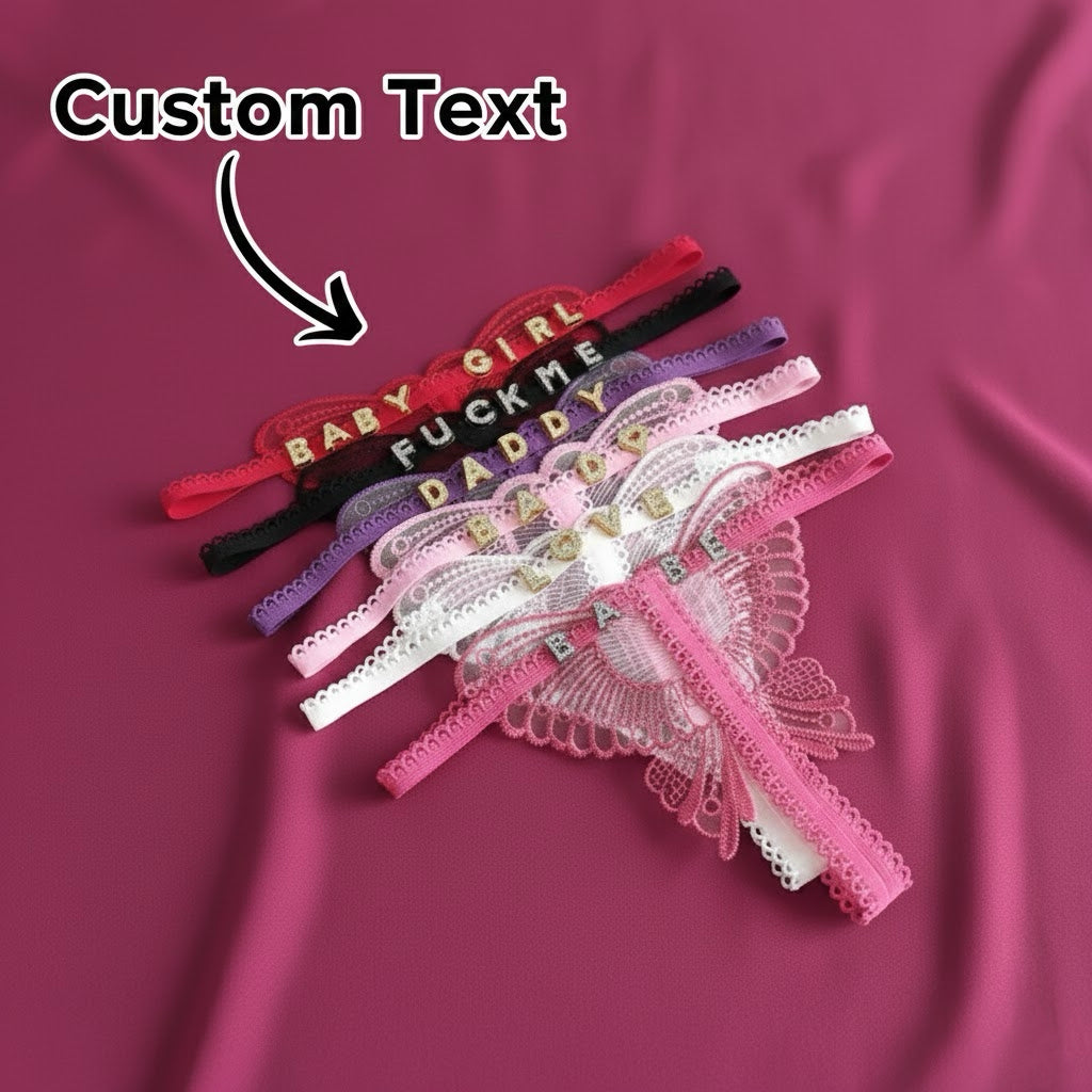 Custom Lace Hollow Butterfly Sexy Low Waist Pantie with jewelry Crystal Letter Name Open Cut Thong Women's Underwear Valentines Gift