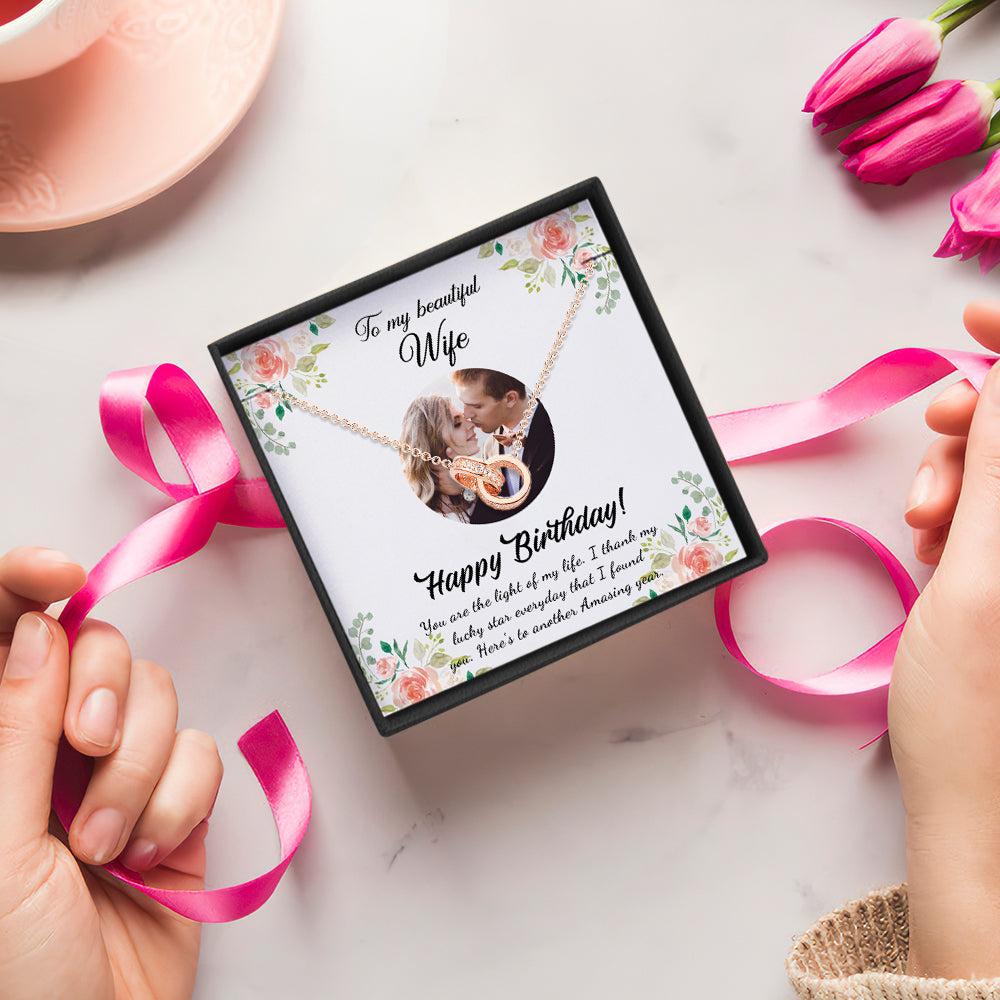 Double Rings Necklace with Photo Message Card Happy Birthday Gift for Wife