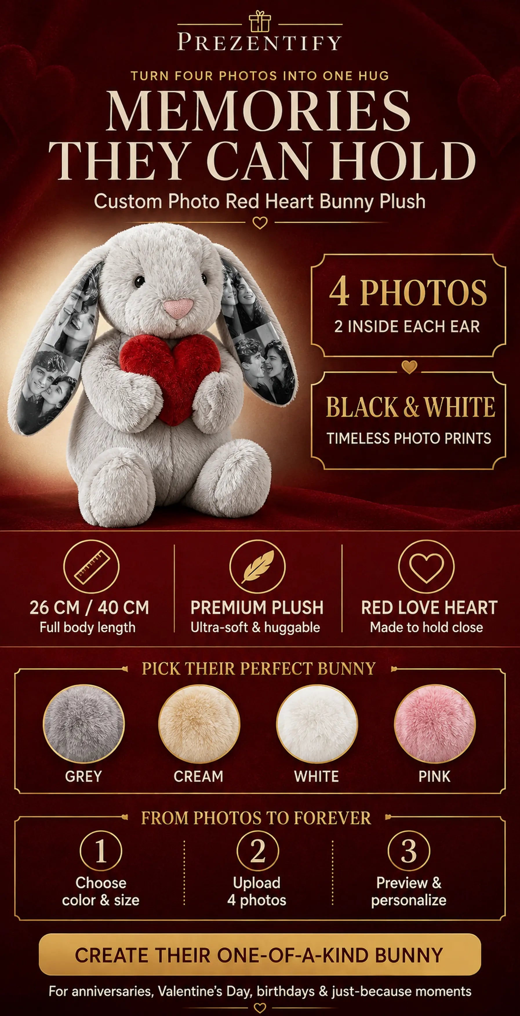 Custom Photo Red Love Heart Bunny Plush Personalized Hidden Ear Picture Bunny Gift for Couples Anniversary Gifts