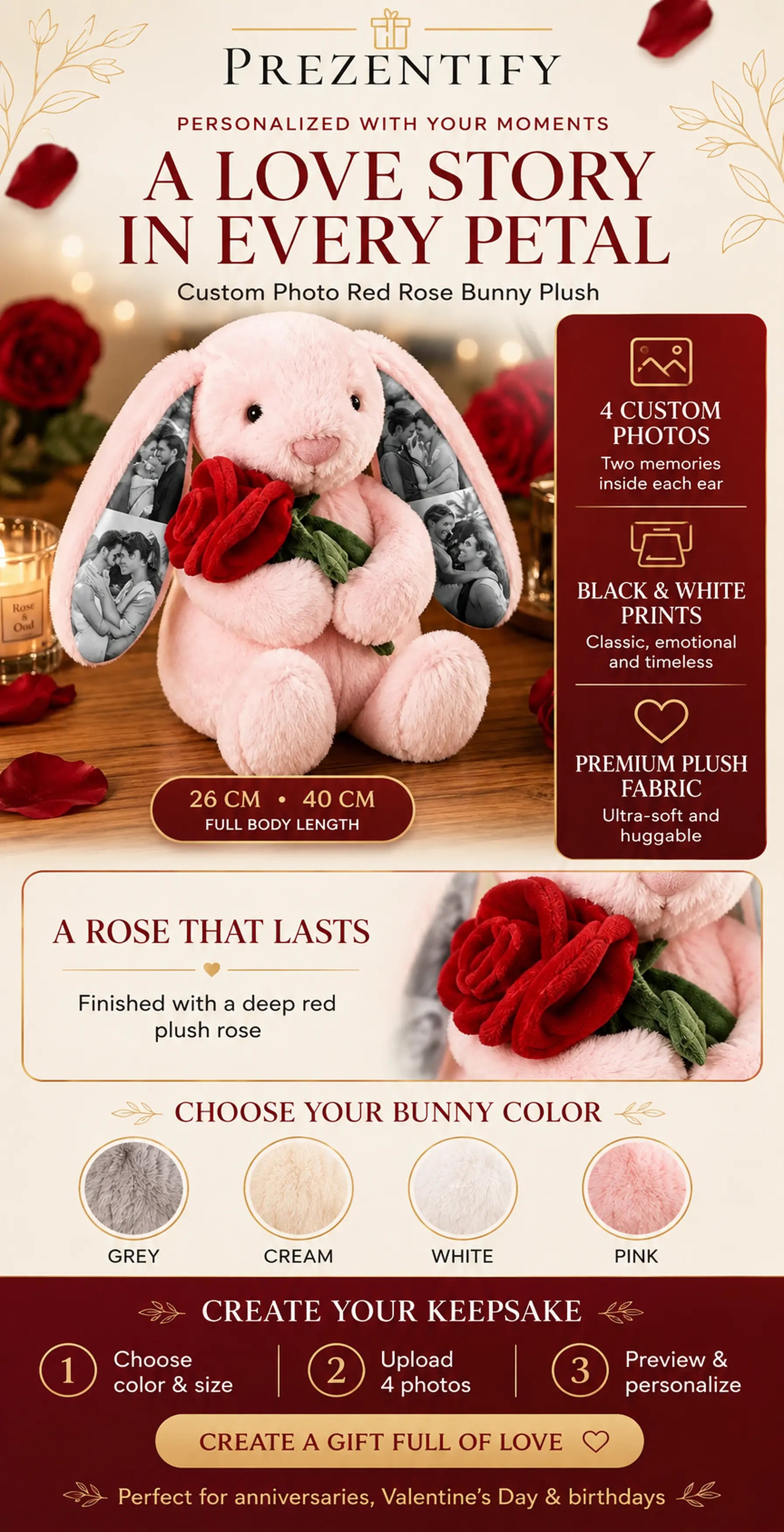 Custom Photo Red Rose Bunny Plush Personalized Hidden Ear Picture Bunny Gift for Couples Anniversary Gifts