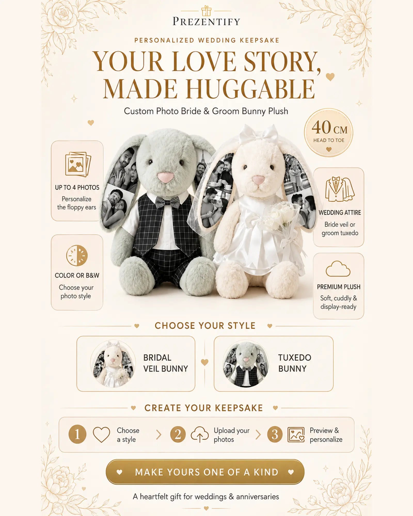 Custom Photo 40cm Wedding Bunny Plush – Personalized Bride & Groom Bunny Stuffed Animal, Anniversary Wedding Gift for Couples