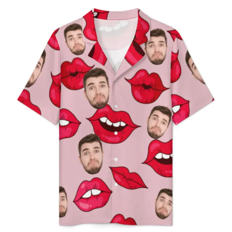 Custom Face Short Sleeve Pajama with Red Lips Prints Valentine's Day Gift for Her