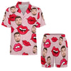 Custom Face Short Sleeve Pajama with Red Lips Prints Valentine's Day Gift for Her
