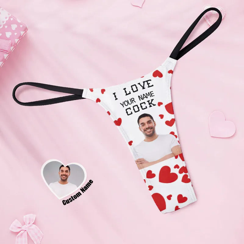 Custom Face Personalized Name Women's Tanga Thong I Love Your Cock Underwear Valentine's Day Gift