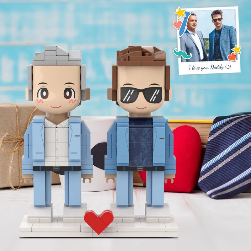 Full Body Customized 2 People Duddu Brick Figures Creative Father's Day Gift Stylish Grey Hair Old Daddy