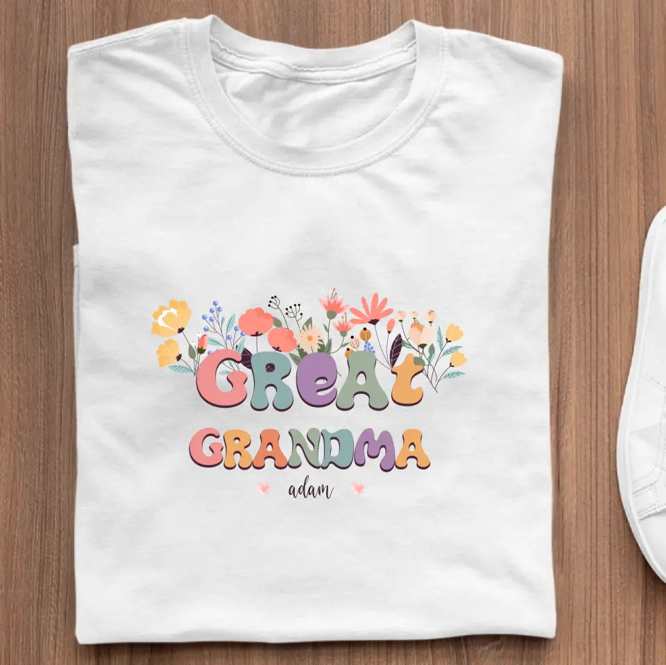 T-Shirt - Grandma With Flowers And Grandchildren