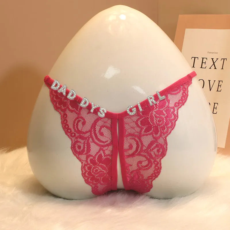 Custom Lace Sexy Panty with jewelry Crystal Letter Name Open Cut Thong Underpants Women's Underwear Valentines Gift
