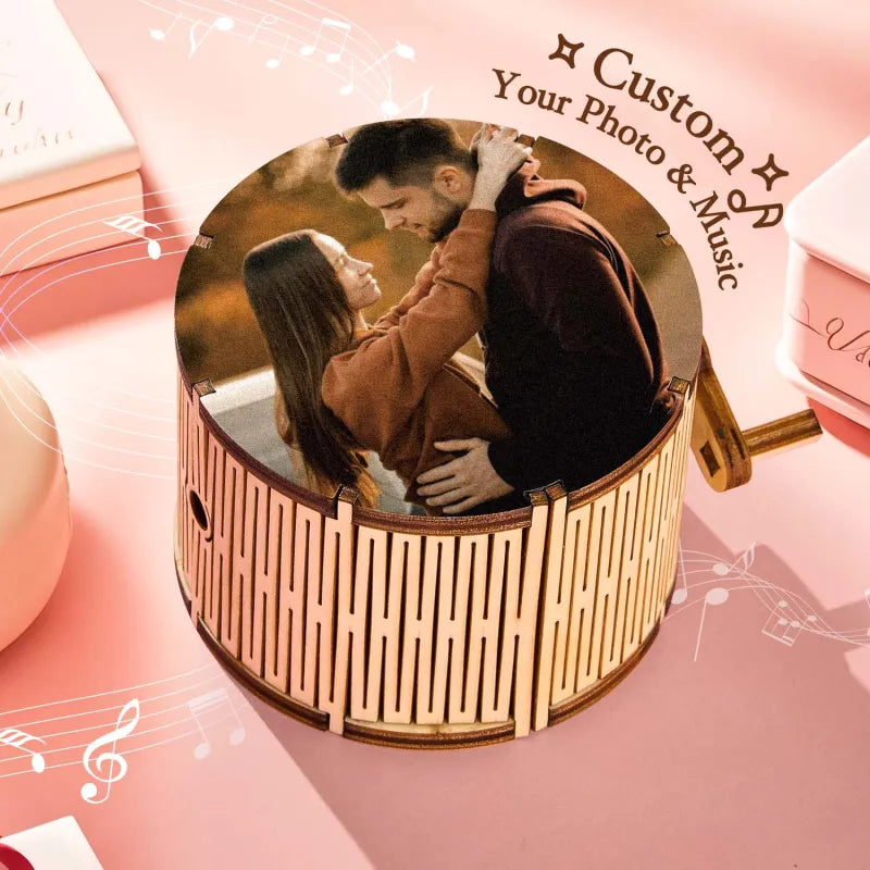 Custom Photo Music Box Hand Crank Unique Gift for Couples Wedding Home Decor