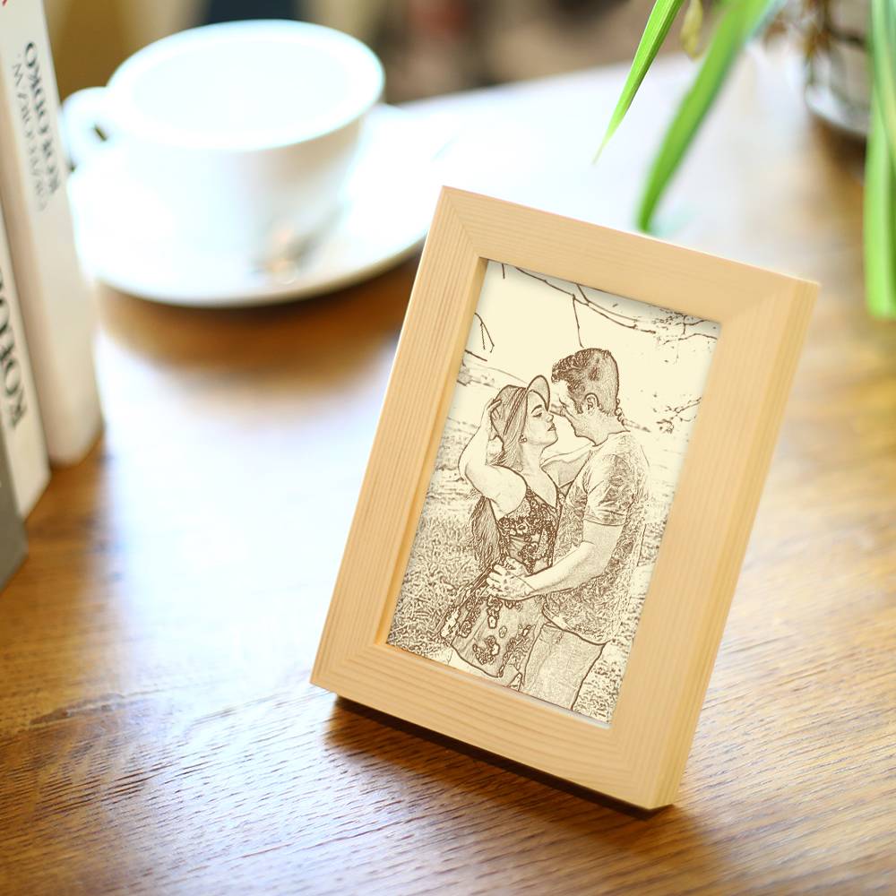 Personalized Engraved Photo Frame Wooden Sketch Effect - 6 Inches 8 Inches 10 Inches