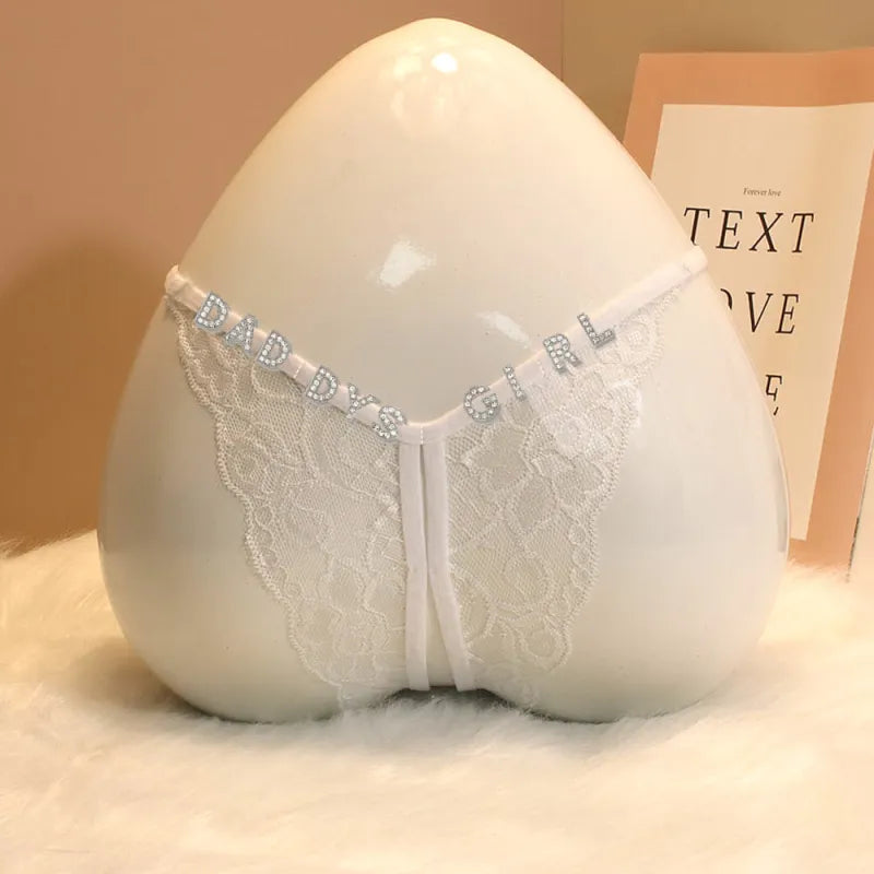 Custom Lace Sexy Panty with jewelry Crystal Letter Name Open Cut Thong Underpants Women's Underwear Valentines Gift