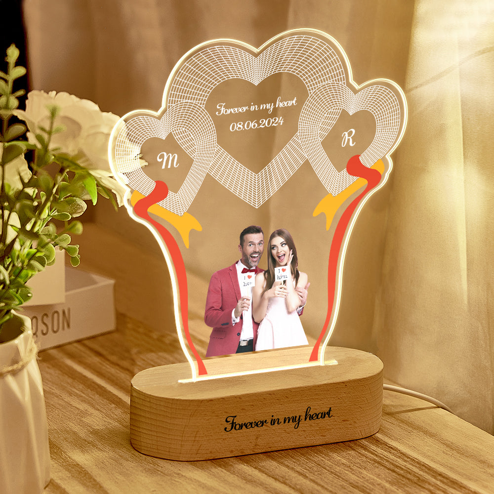 Custom Photo Engraved 3-Heart Night Lights Desk Decoration