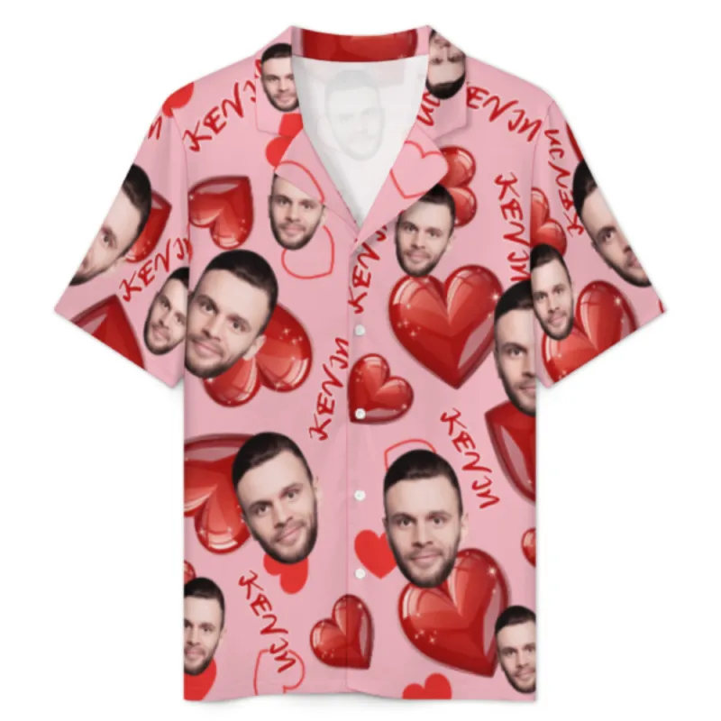 Custom Face Short Sleeve Pajama with Red Hearts Prints Valentine's Day Gift for Her