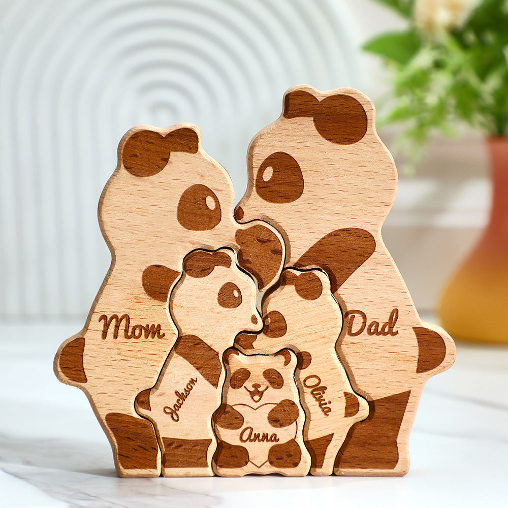 Custom Names Wooden Panda Family Block Puzzle Home Decor Gifts