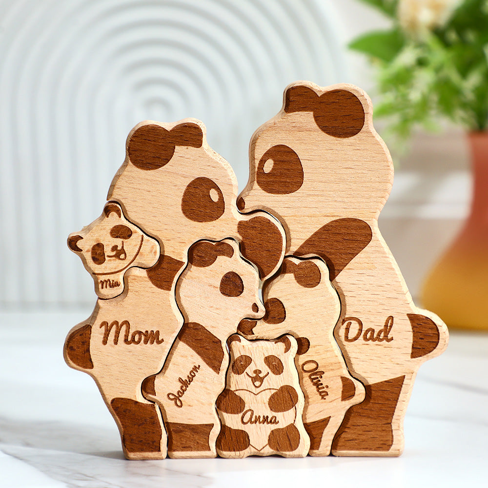 Custom Names Wooden Panda Family Block Puzzle Home Decor Gifts