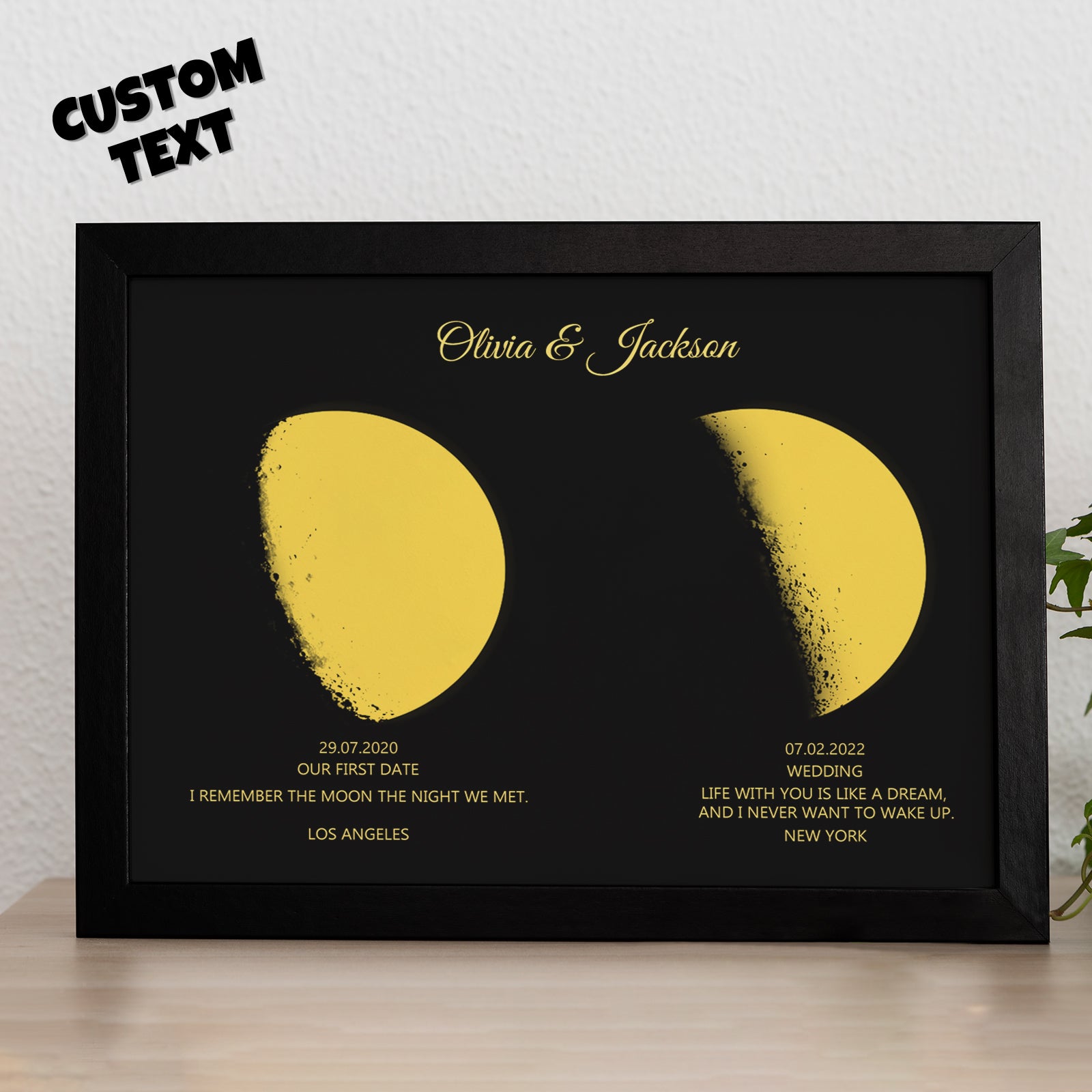 Mother's Day Gifts Custom Moon Phase and Names Wooden Frame with Personalized Text Gold Moon