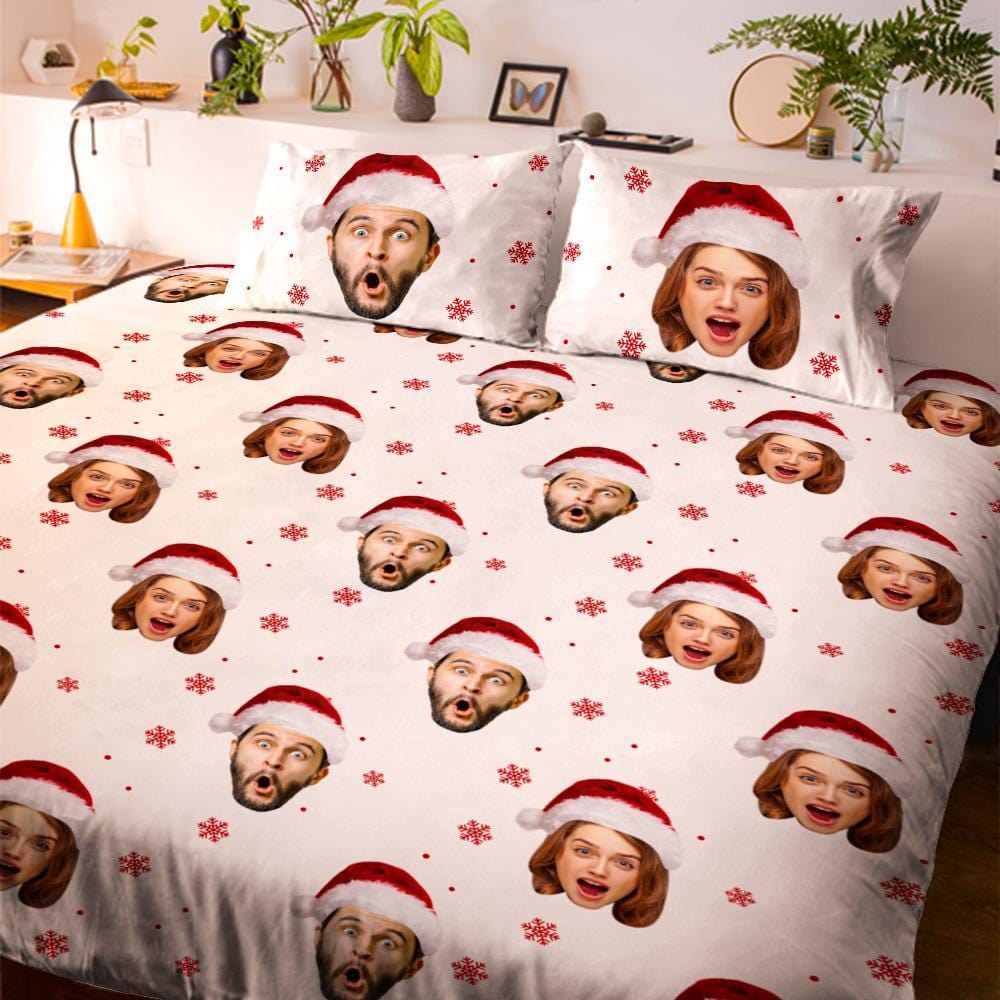 Personalized Photo Double Bedding Sheet And Duvet Cover Pillowslip Set Christmas Hat Gift For Couple
