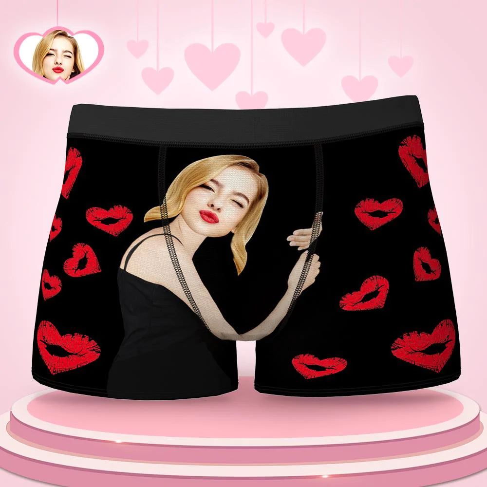 Custom Face Boxers Girlfriend Hug with Heart Lip Print Gifts For Him