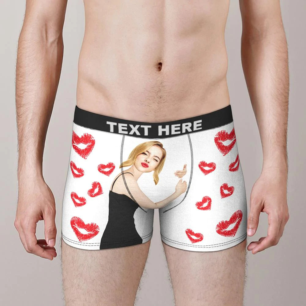 Custom Face Boxers Girlfriend Hug with Heart Lip Print Gifts For Him