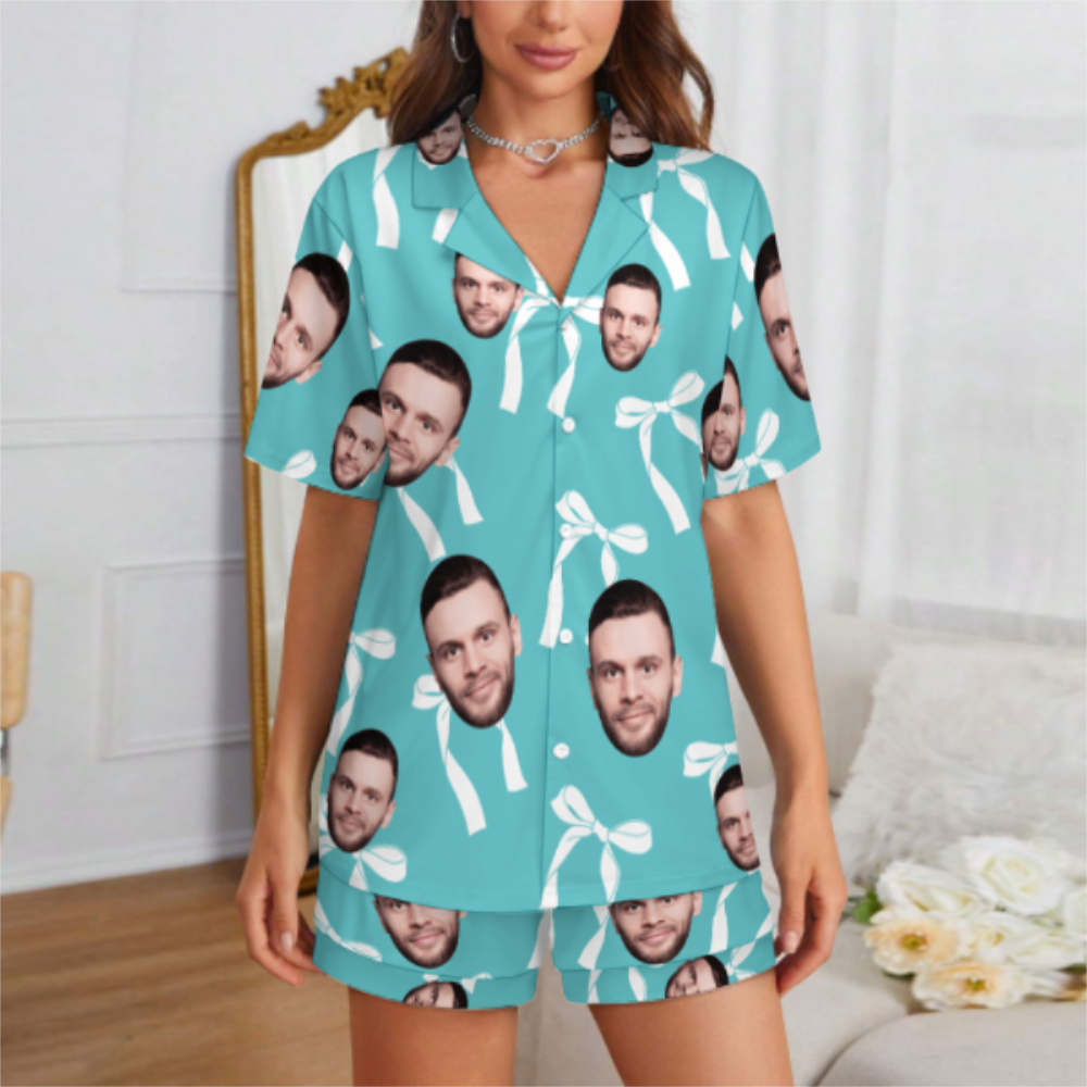 Custom 2 Faces Short Sleeve Pajama with Bowknot Pattern Prints Valentine's Day Gift for Her