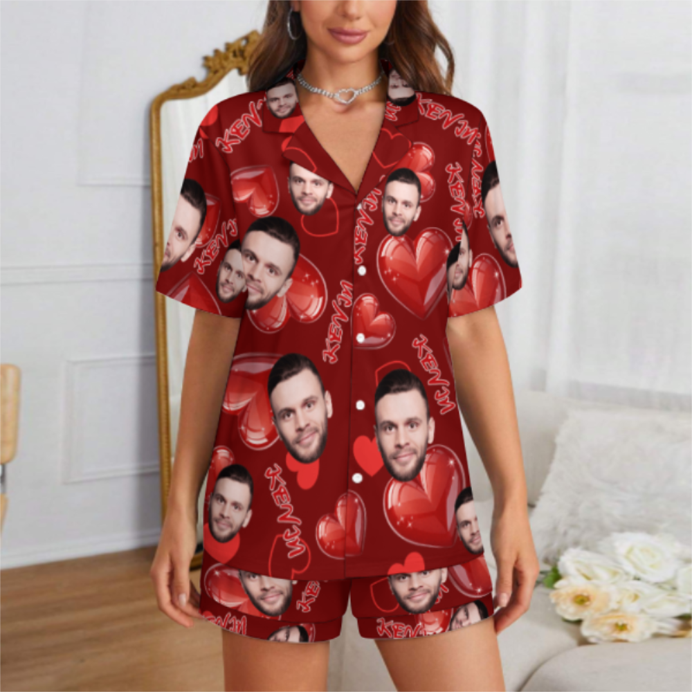 Custom Face Short Sleeve Pajama with Red Hearts Prints Valentine's Day Gift for Her