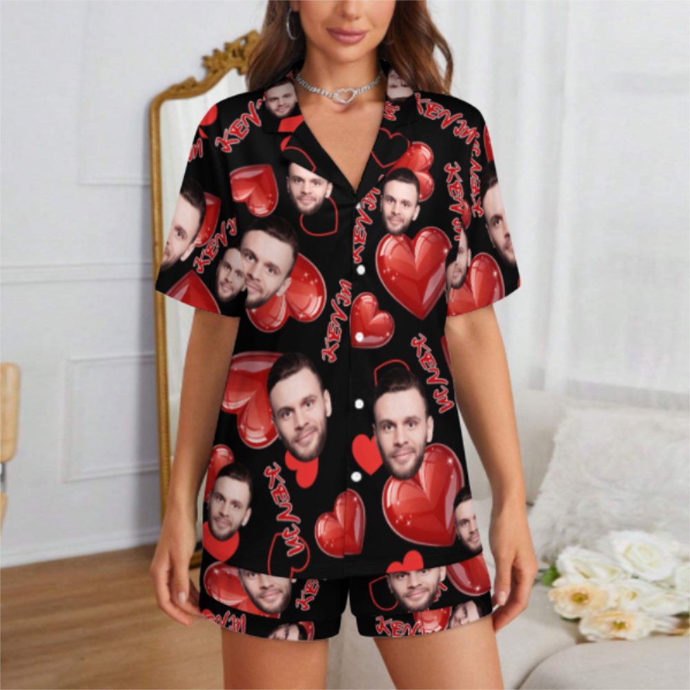 Custom Face Short Sleeve Pajama with Red Hearts Prints Valentine's Day Gift for Her