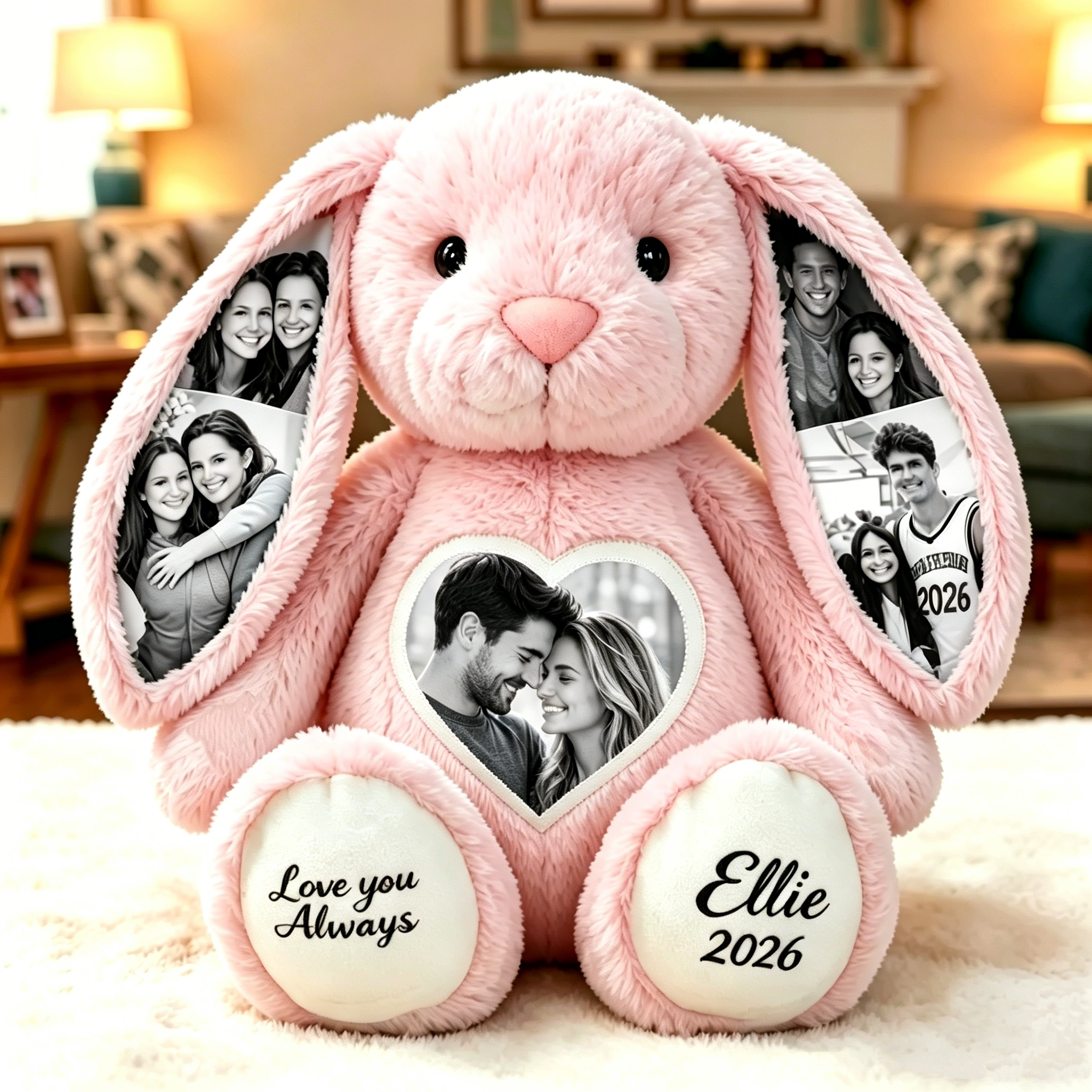 Custom Black & White Heart Photo Bunny Plush – Personalized Hidden Ear Picture Bunny Custom Text Anniversary Gift for Couples