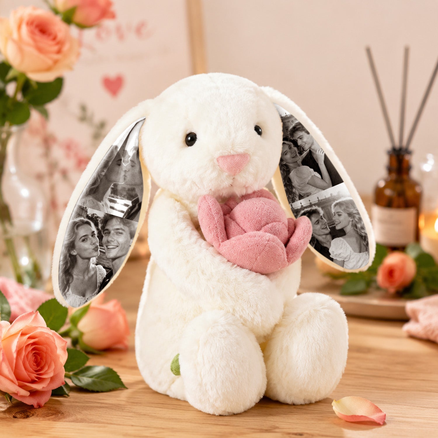 Custom Photo Pink Rose Bunny Plush Personalized Hidden Ear Picture Bunny Gift for Couples Anniversary Gifts