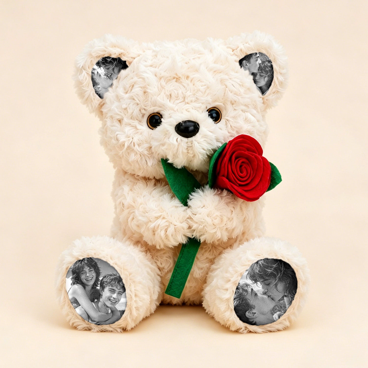 Custom Photo Teddy Bear with Rose Personalized Plush Bear with Pictures on Ears & Feet, Romantic Gift for Anniversary