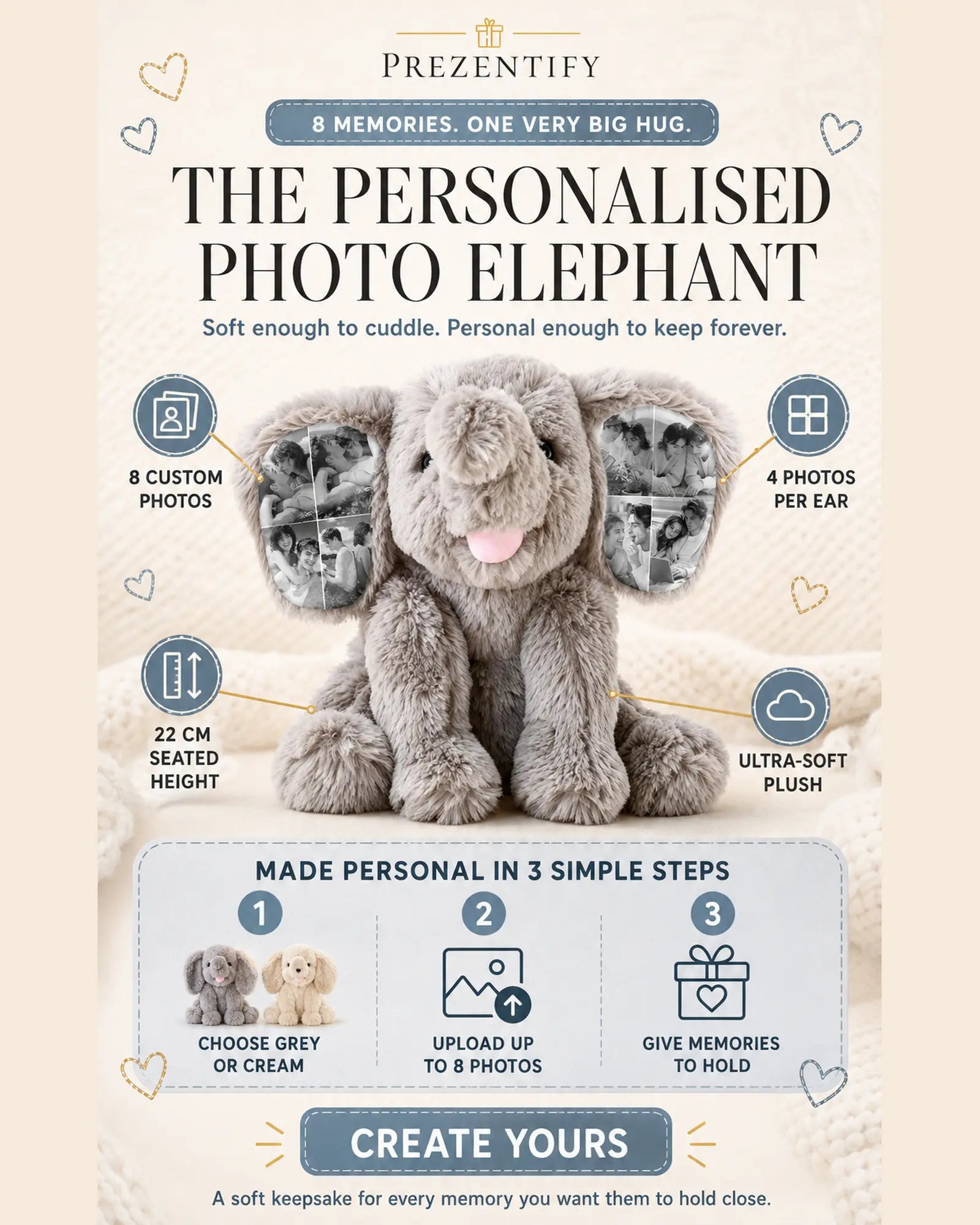 Custom Photo Elephant Plush – Personalized Ear Picture Elephant Gift for Couples Anniversary Gifts