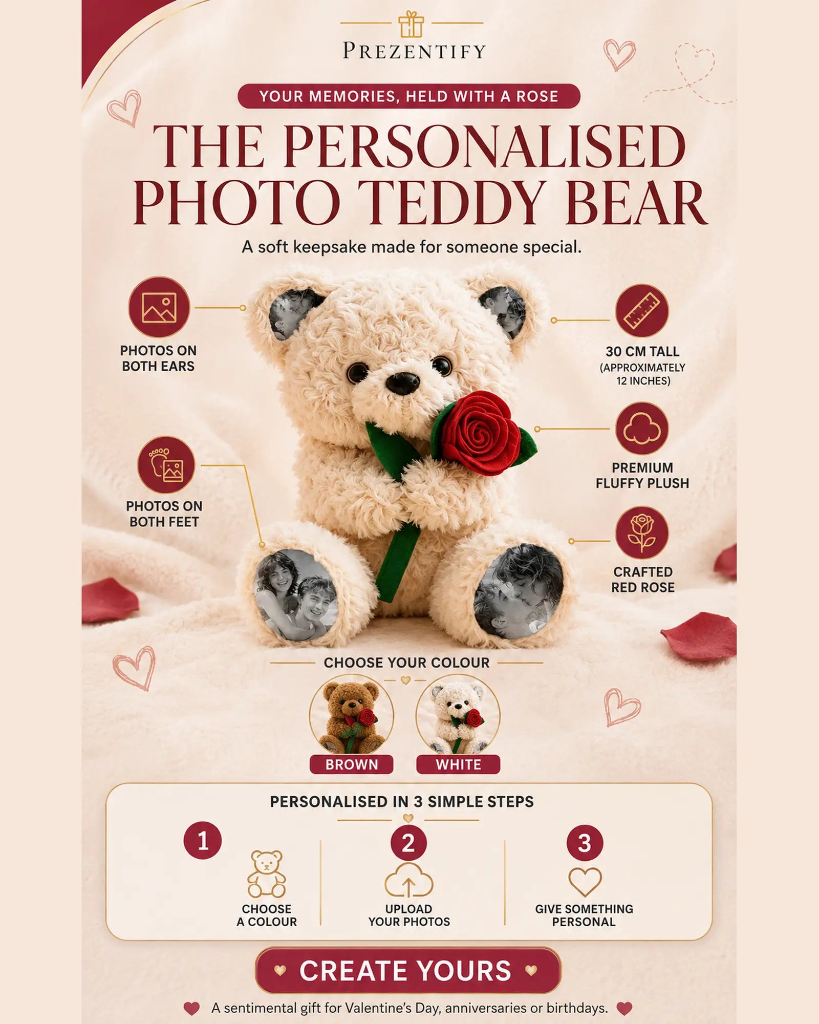 Custom Photo Teddy Bear with Rose Personalized Plush Bear with Pictures on Ears & Feet, Romantic Gift for Anniversary
