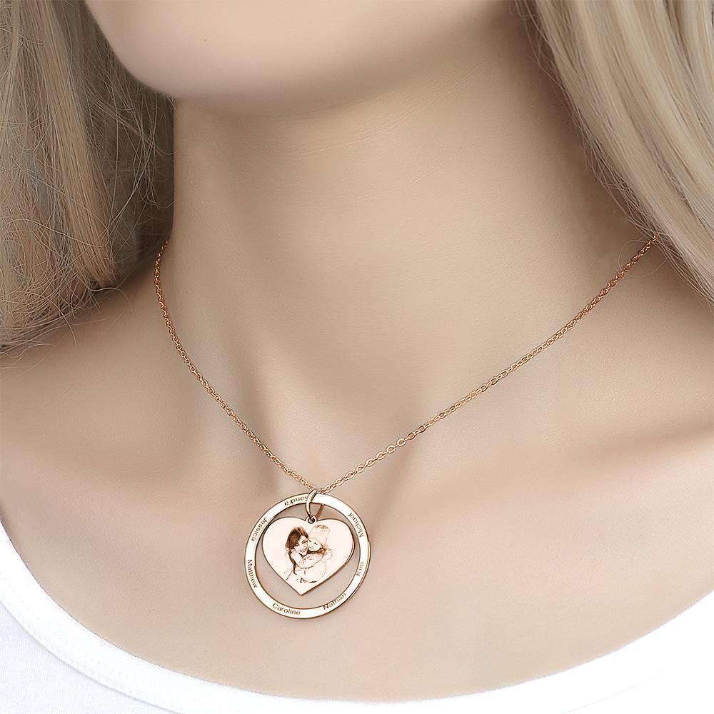 Photo Engraved Necklace Heart In Round Pendant, Family Necklace Rose Gold Plated - Rose Gold