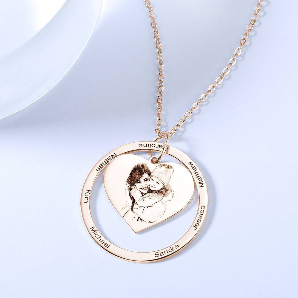 Photo Engraved Necklace Heart In Round Pendant, Family Necklace Rose Gold Plated - Rose Gold