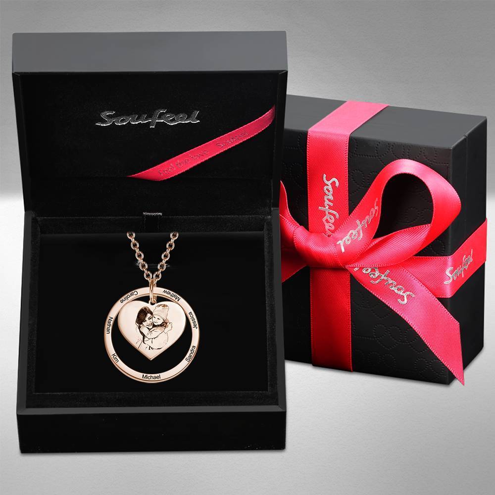 Photo Engraved Necklace Heart In Round Pendant, Family Necklace Rose Gold Plated - Rose Gold