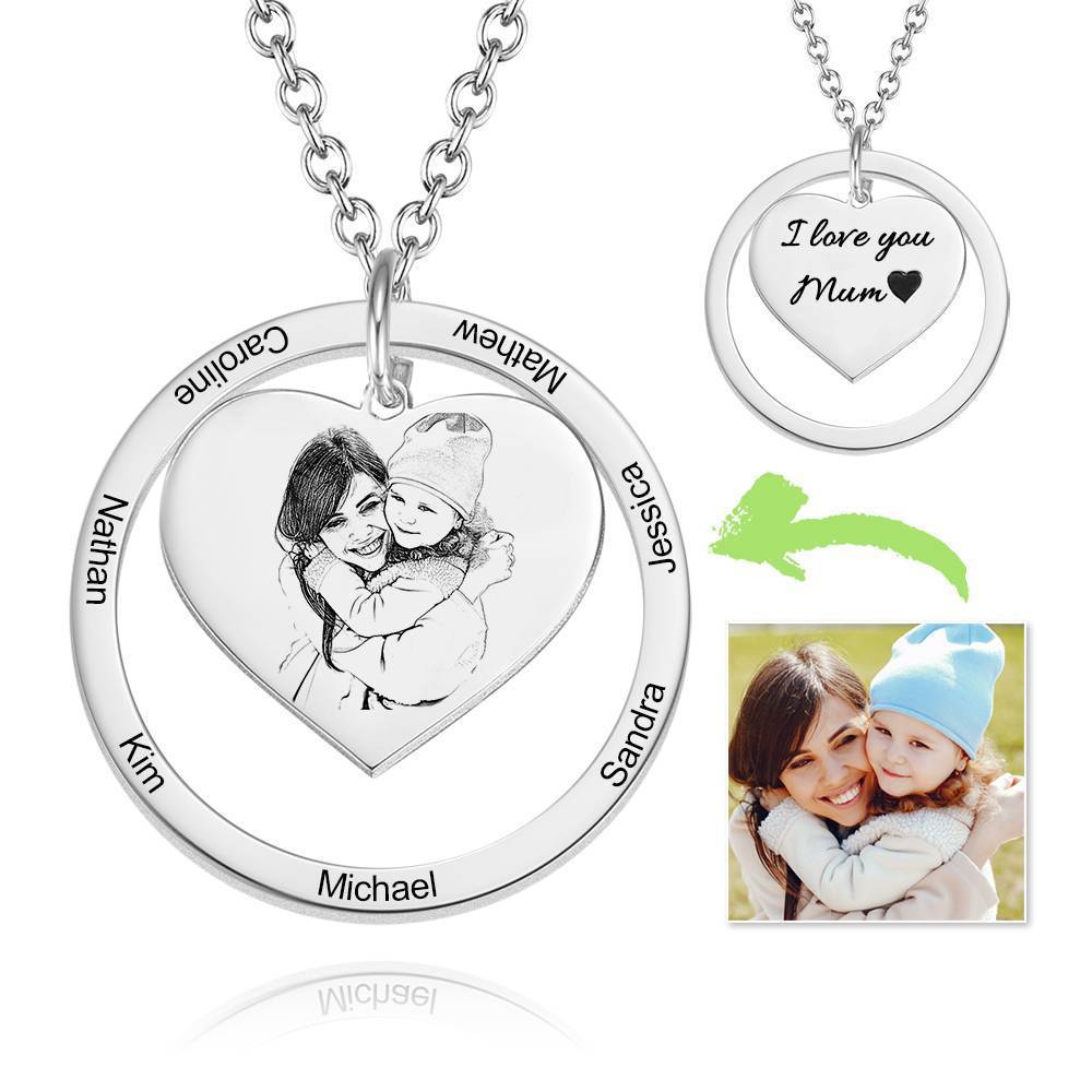 Photo Engraved Necklace Heart In Round Pendant, Family Necklace Rose Gold Plated - Rose Gold