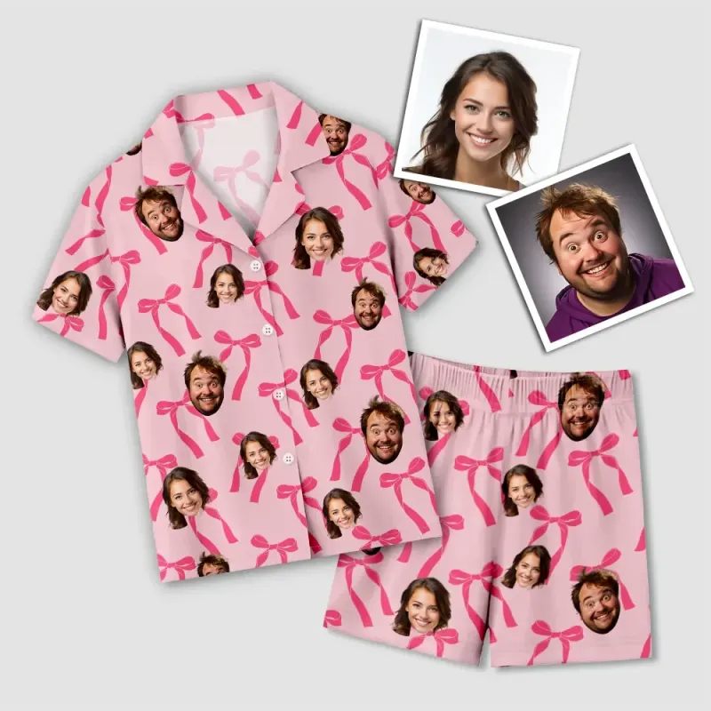 Custom 2 Faces Short Sleeve Pajama with Bowknot Pattern Prints Valentine's Day Gift for Her