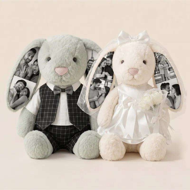 Custom Photo 40cm Wedding Bunny Plush – Personalized Bride & Groom Bunny Stuffed Animal, Anniversary Wedding Gift for Couples