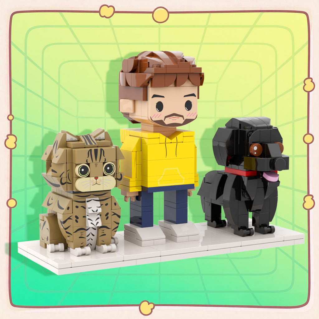 Custom Full-Body Cute Brick Figures of 1 Person, Cat & Dog Personalized Anniversary Gift Birthday Gift