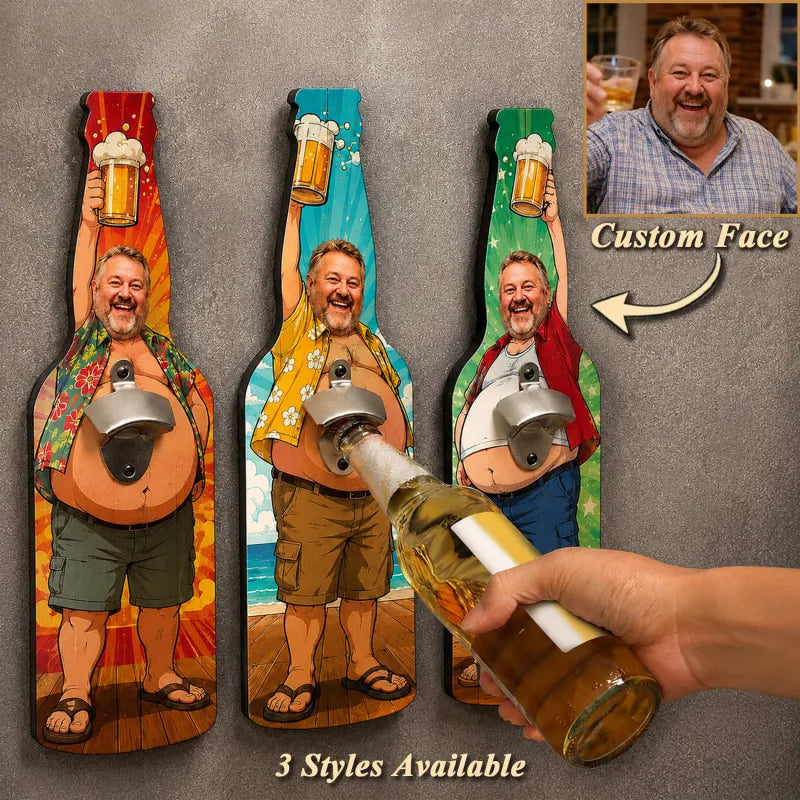 Custom Big Belly Beer Bottle Wall Opener – Personalized Funny Dad Bottle Opener Sign Summer Bar Decor Gift with Custom Face
