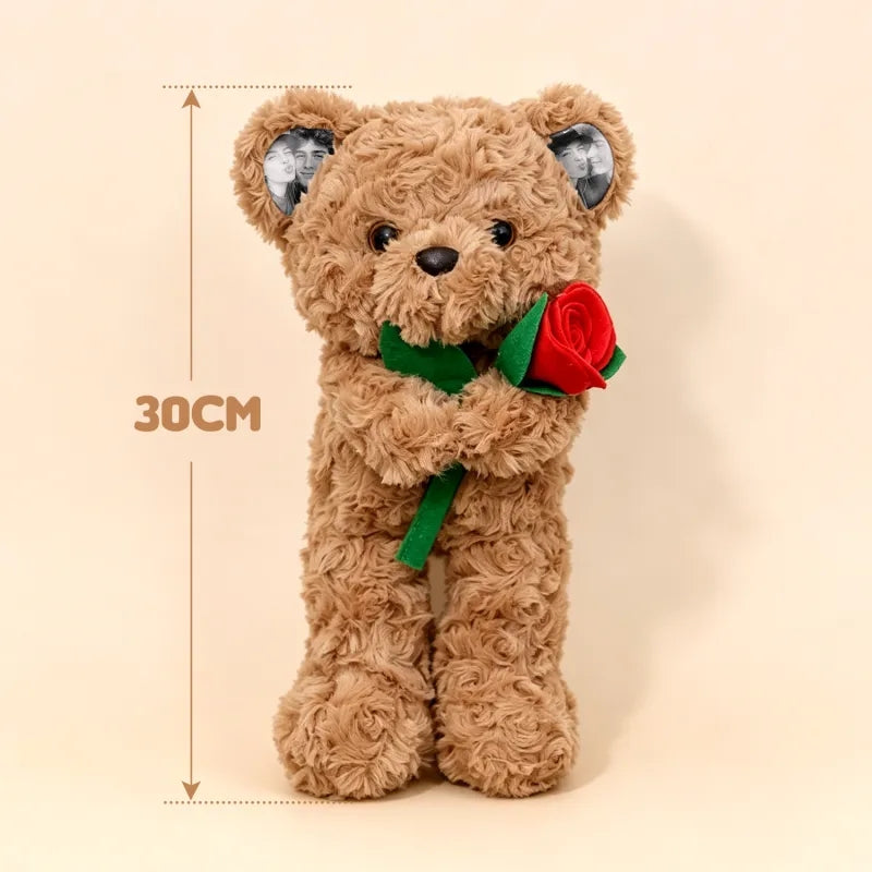 Custom Photo Teddy Bear with Rose Personalized Plush Bear with Pictures on Ears & Feet, Romantic Gift for Anniversary