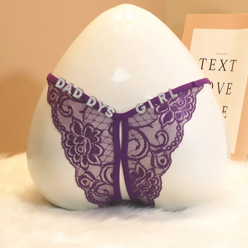 Custom Lace Sexy Panty with jewelry Crystal Letter Name Open Cut Thong Underpants Women's Underwear Valentines Gift