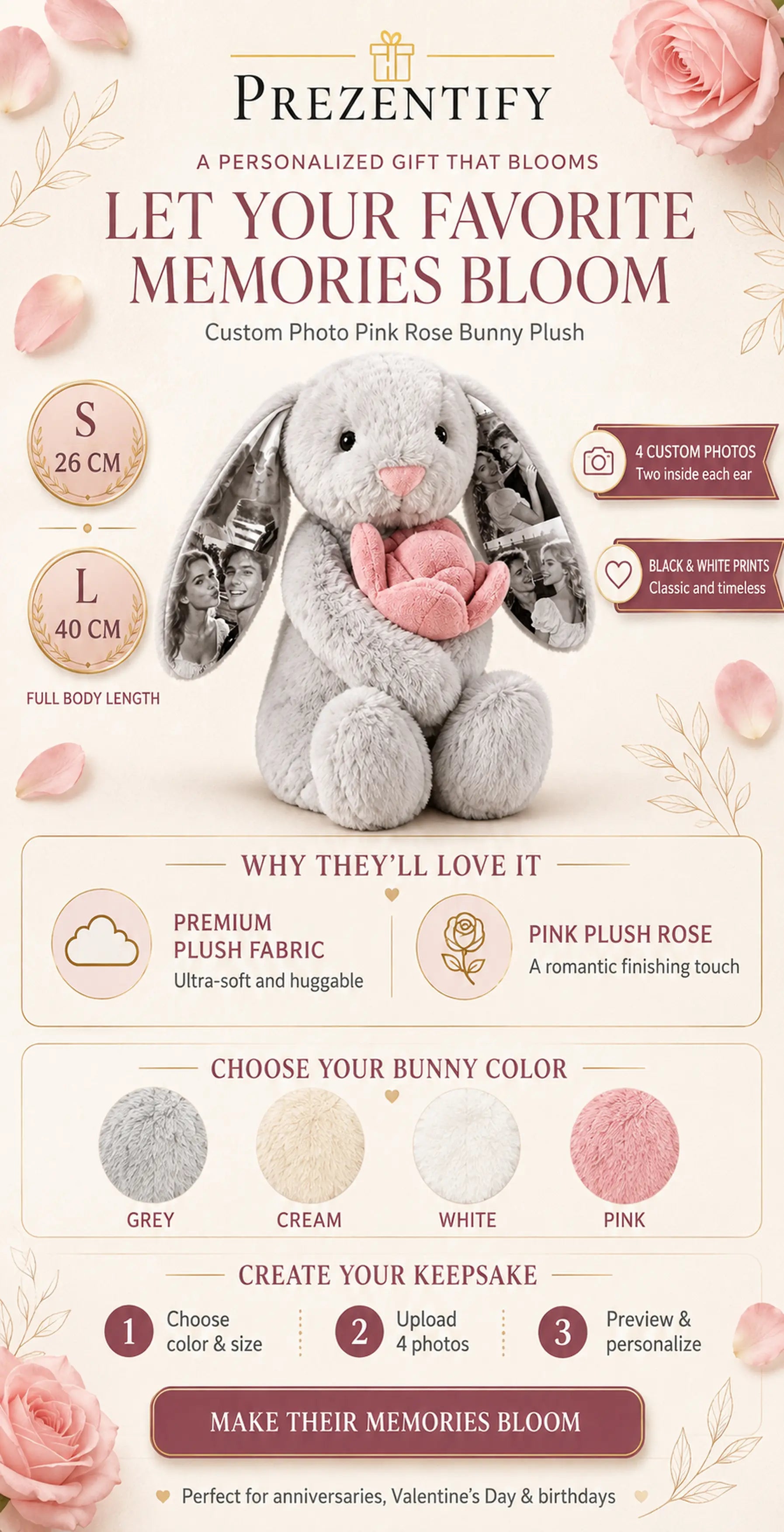Custom Photo Pink Rose Bunny Plush Personalized Hidden Ear Picture Bunny Gift for Couples Anniversary Gifts